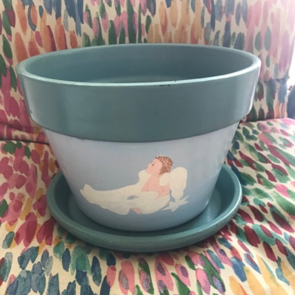 ANGEL HAND PAINTED CLAY POT W/SAUCER.